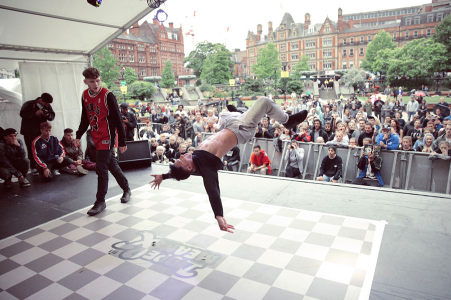 Sheffield Yorkshire breakdance event competition Dope & Mean 2017 in association with Tramlines Festival at the Sheffield Peace Gardens stage, hosted by Nathan Gordon